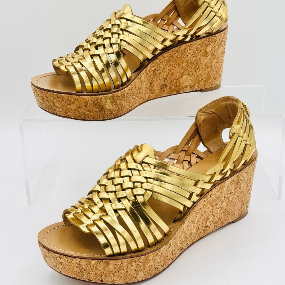 Tory Burch Gold Wedge Sandals with Metallic Finish